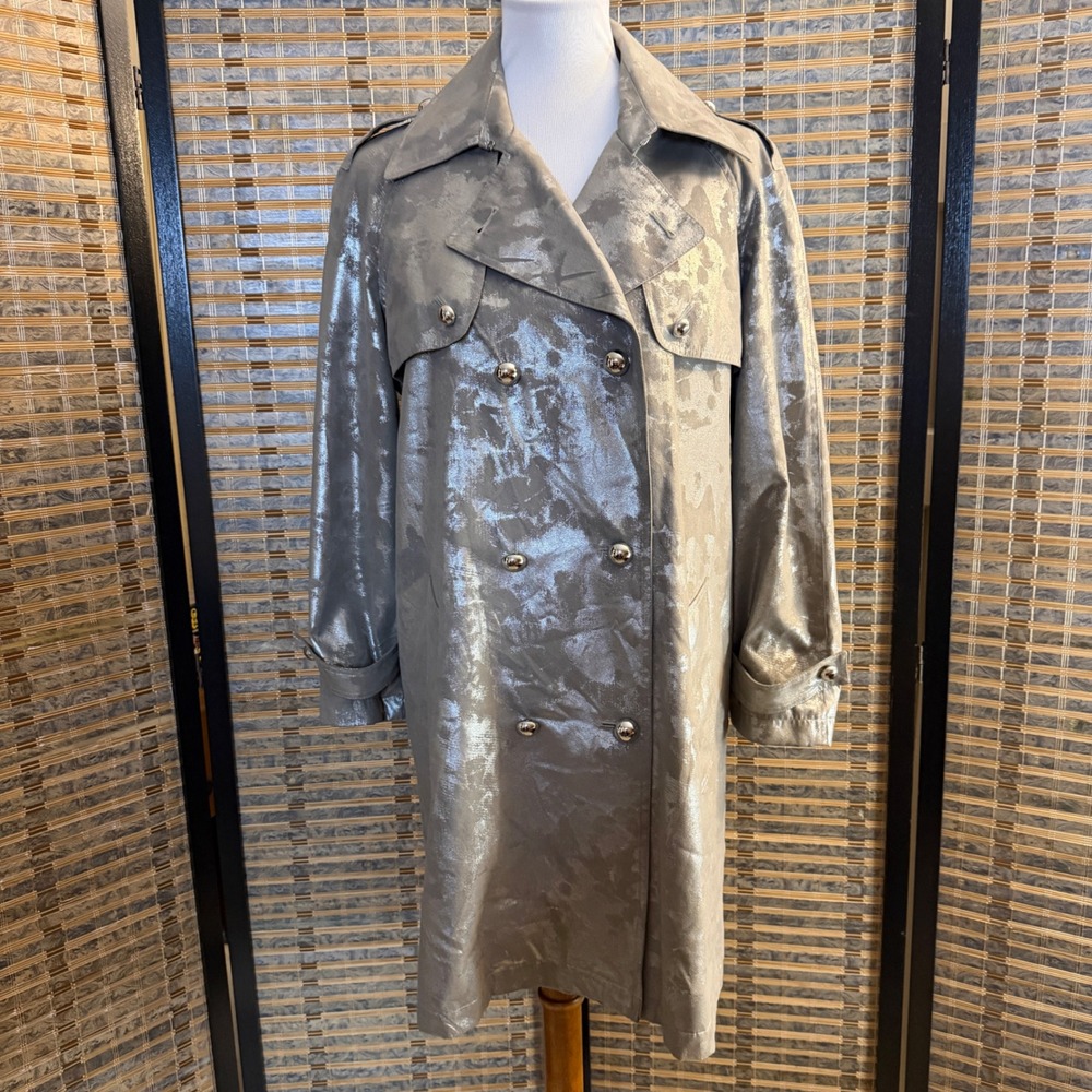 Mycra Pac Life Trench Coat Women S/M Silver Metallic Double Breasted Jacket